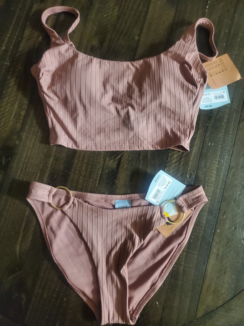 Shade & Shore Ribbed Mauve Pink Two-Piece Bikini with Gold Rings